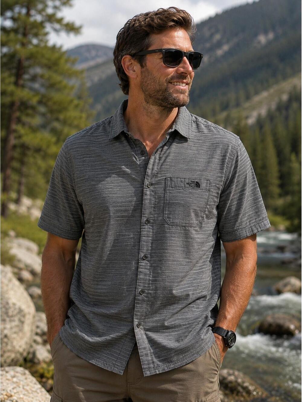 The North Face Mens Gray Striped Button Front Shirt Short Sleeve Size LG